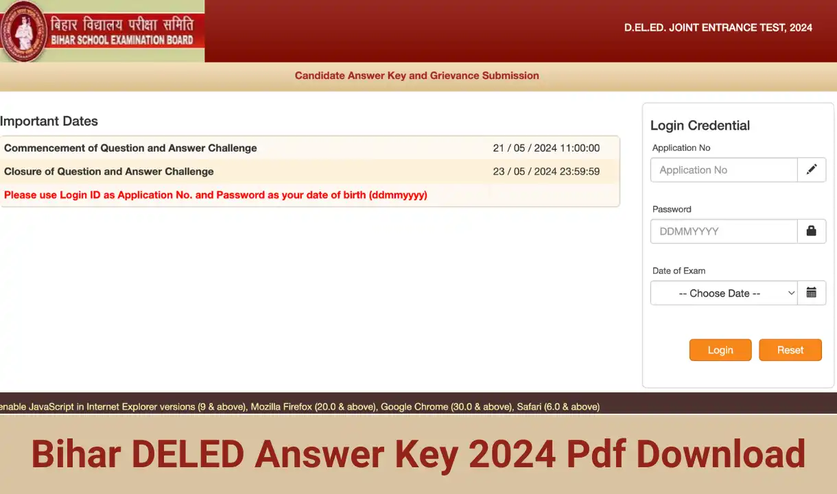 Bihar DELED Answer Key 2024 Pdf Download